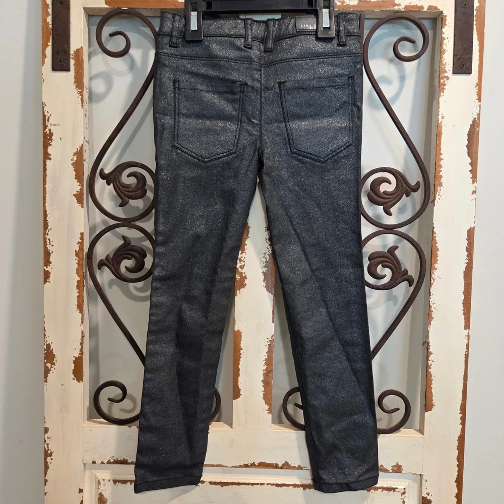 Zara Girls Metallic Charcoal Black Skinny Pants Shimmer Casual Size 6 116cm